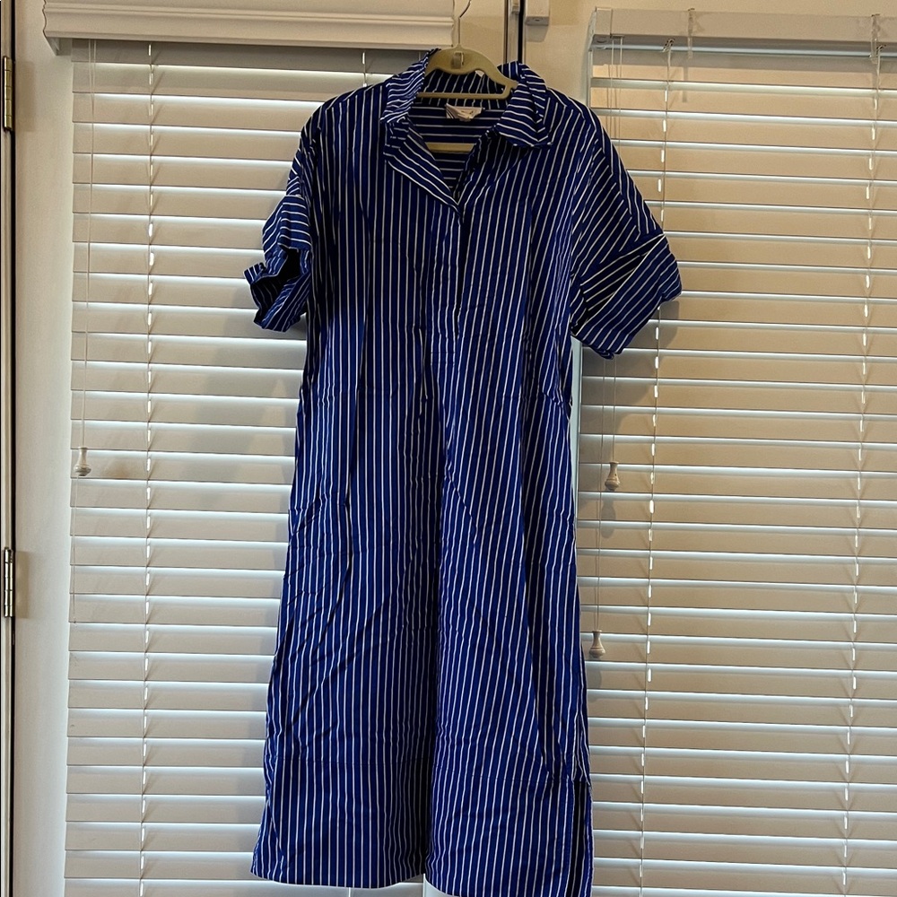 Pomander Place Navy and White Striped Midi Dress